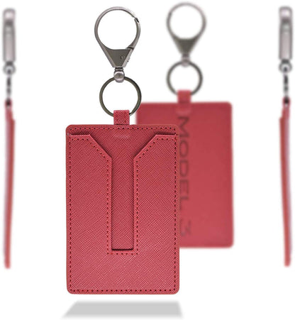 KE-KE Card Holder for Tesla Model 3 Leather Protector Cover Key Card Keychain Metal Accessories (Red)