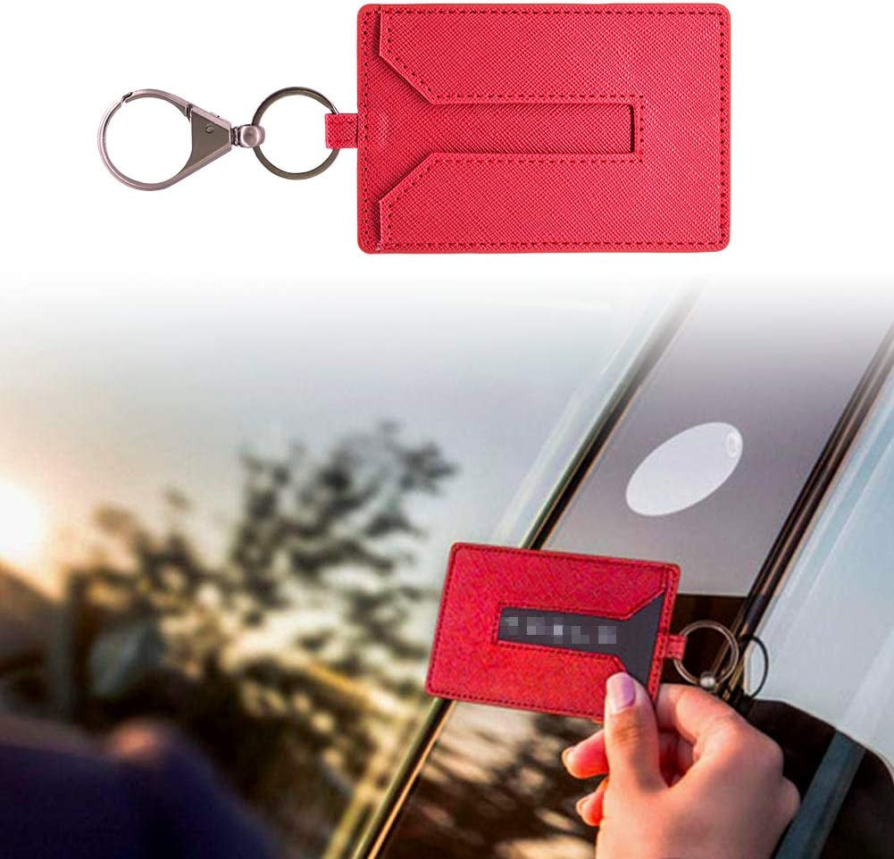 KE-KE Card Holder for Tesla Model 3 Leather Protector Cover Key Card Keychain Metal Accessories (Red)