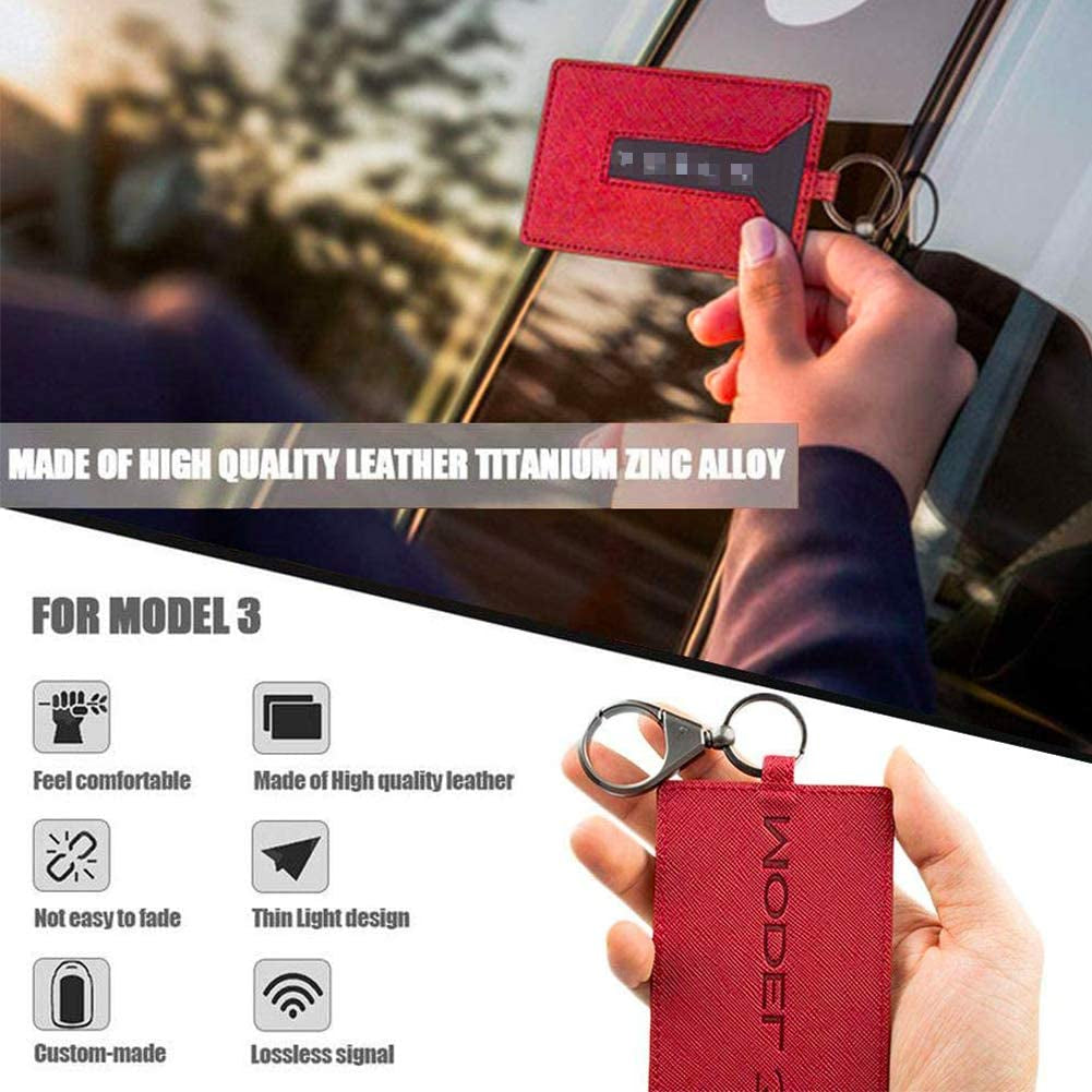 KE-KE Card Holder for Tesla Model 3 Leather Protector Cover Key Card Keychain Metal Accessories (Red)